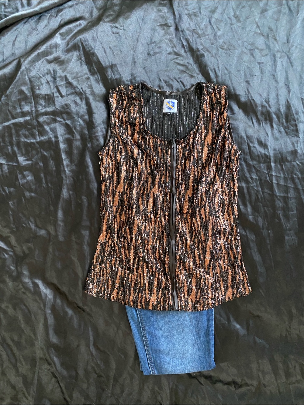 Sequin Zip-Front Sleeveless Top in Copper Black